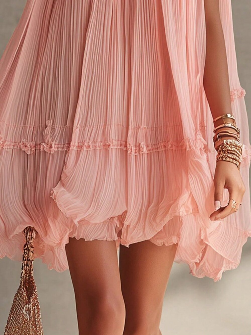 Pink Casual Women's Sleeveless Pleated A-Line Babydoll Short Dress - Picture 3 of 4